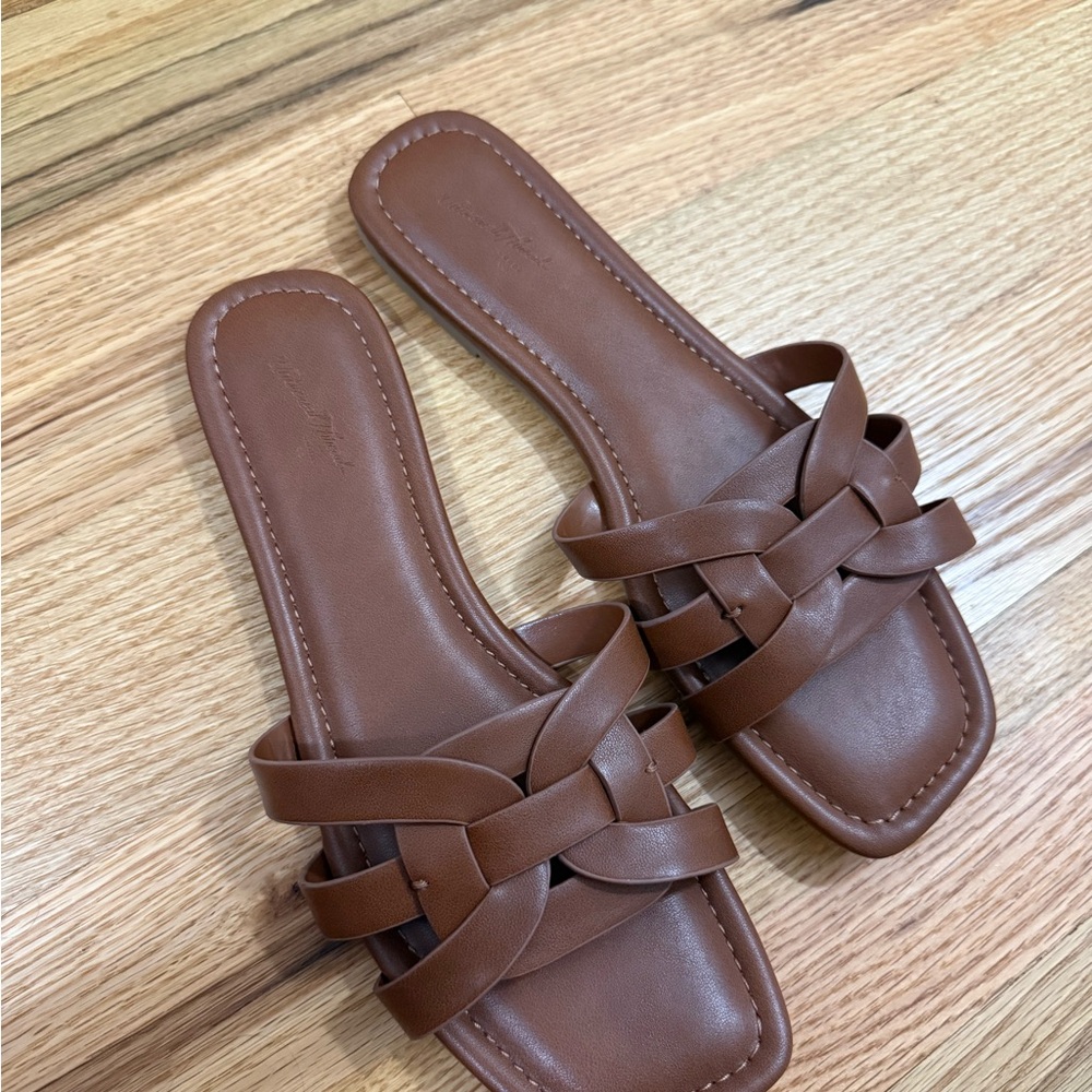 Brown Woven Leather Slide Sandals